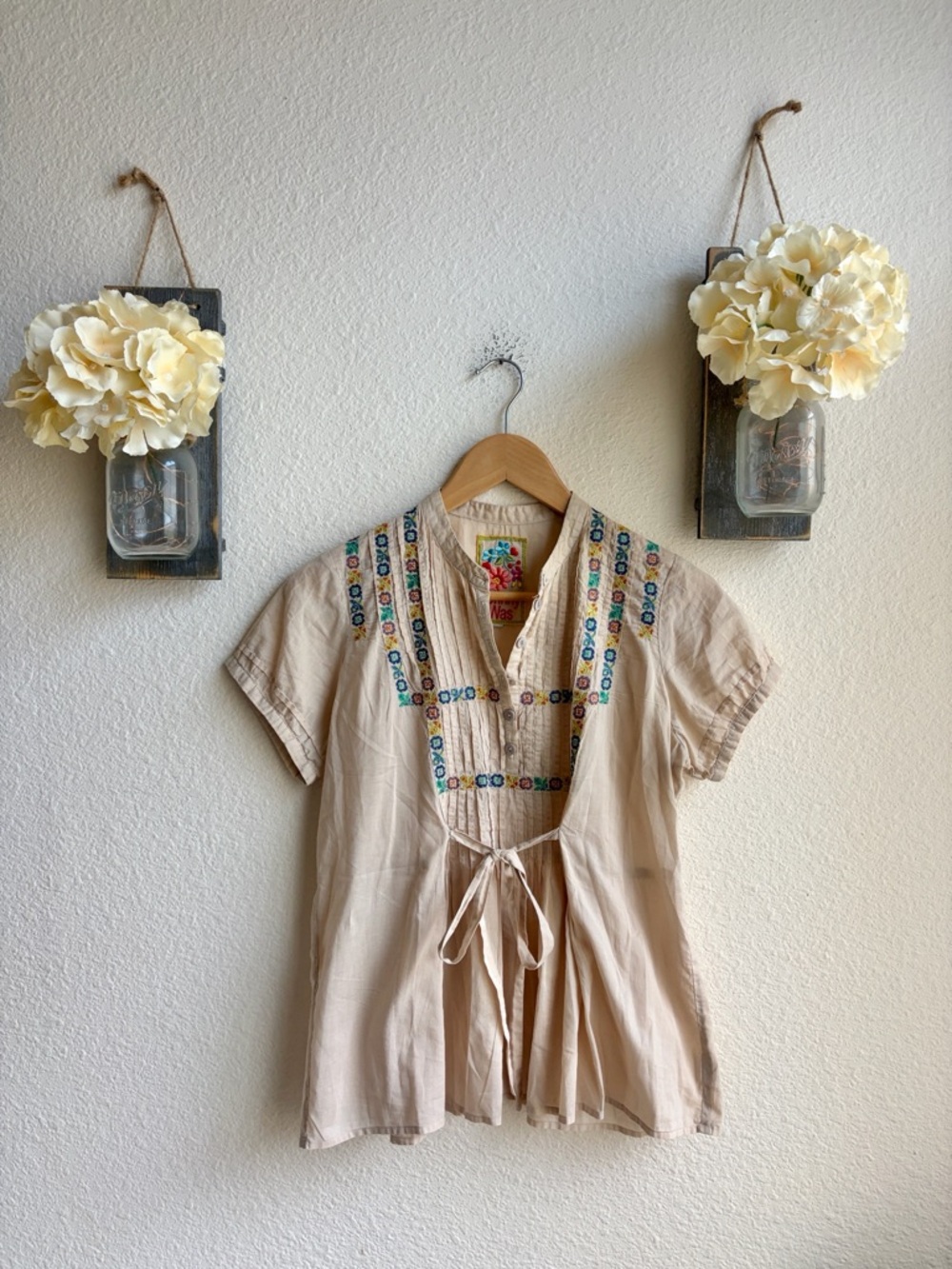 Johnny Was Embroidered Tie-Front Ivory Top - Picture 2 of 5
